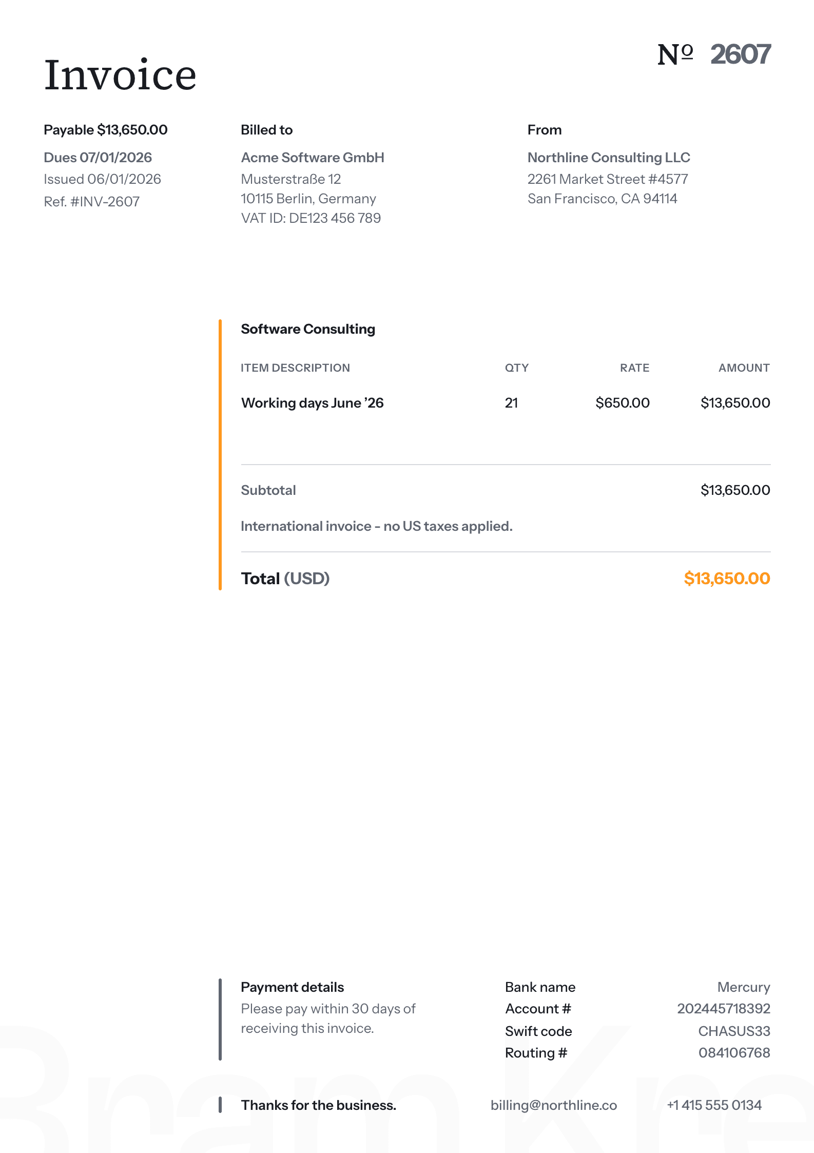 A fivvo invoice PDF: letterhead, billed-to block, line items and total